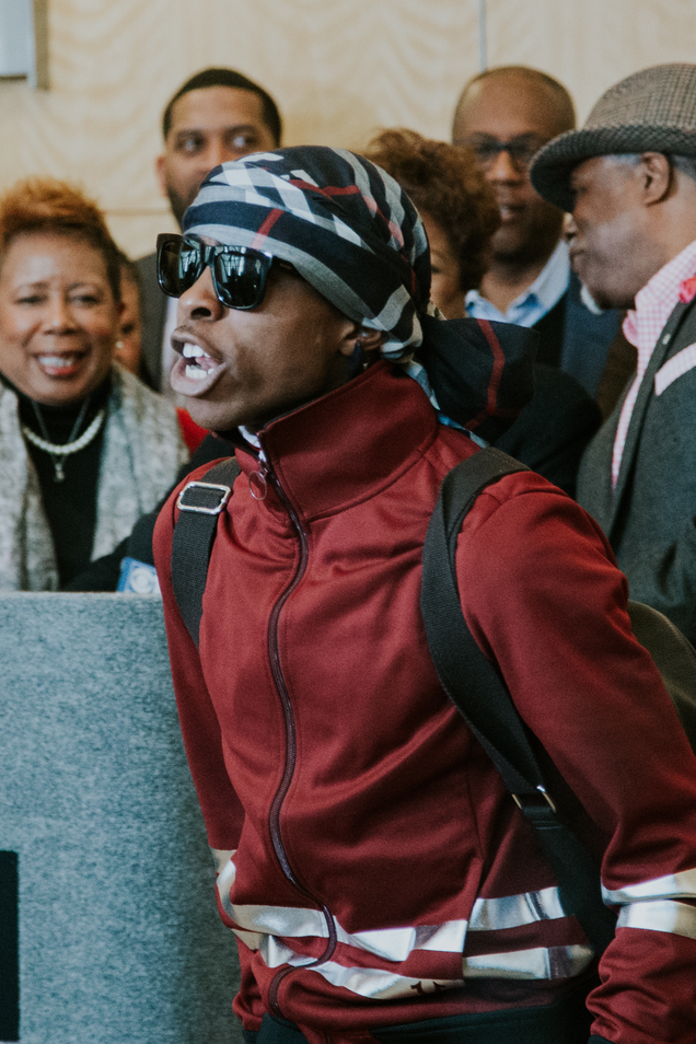 Stevante Clark leads the crowd in chanting his brother Stephon’s name in Sacramento, Calif., on March 26, 2018.